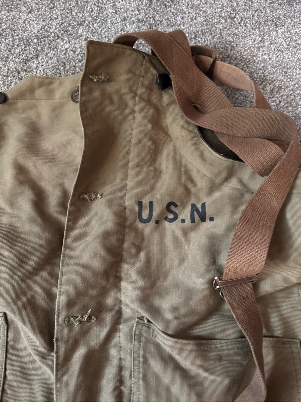 Vintage Military U.S.N. Canvas Coverall with Straps - Olive Brown